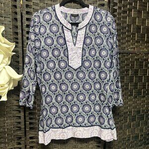 Talbots Blue Purple Medallion Block Print Tunic Top Size XL